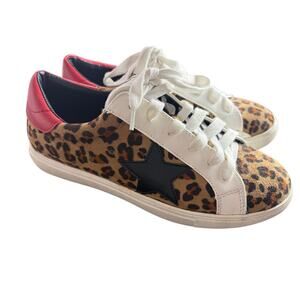Natrure Breeze Leopard Star Sneakers Red Heel Lace up Casual Street Style 8.5